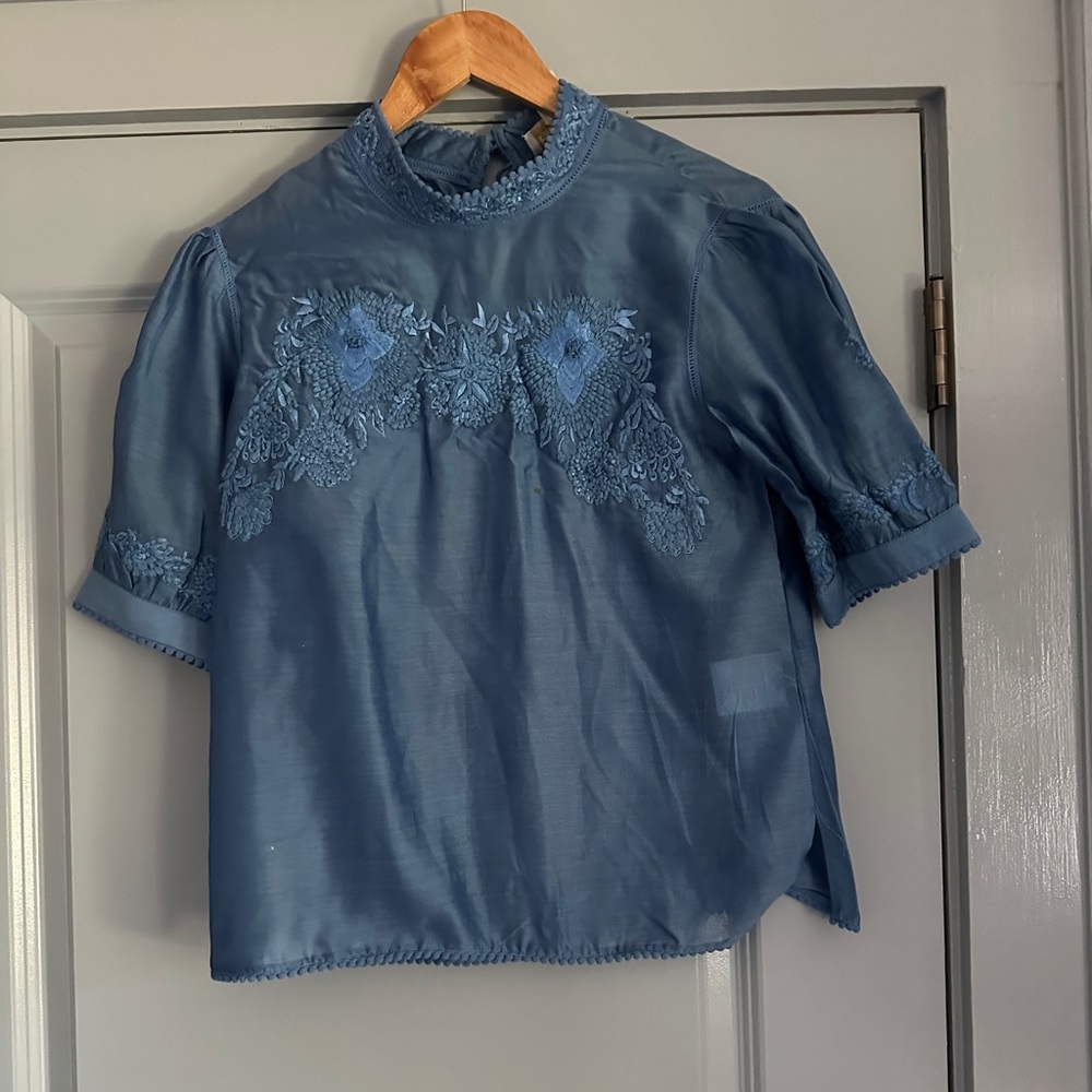 Anthropolgie Blue Embroidered Short-Sleeve Blouse